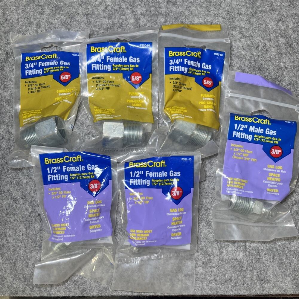 Lot of 6 Assorted BrassCraft 3/8" & 5/8" Gas Fittings 5 FIP & 1 MIP
